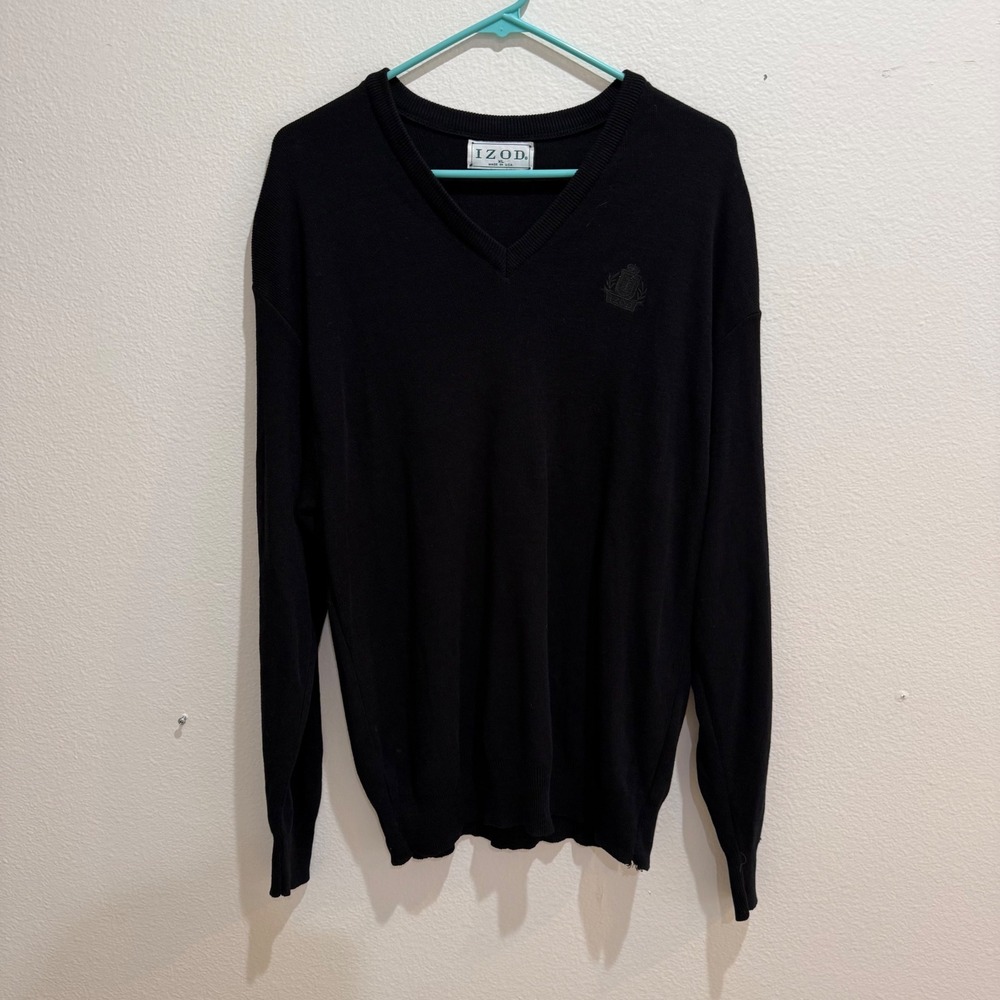 Izod Mens XL Black V-Neck Sweater Long Sleeve Embroidered Crest Logo Made in USA